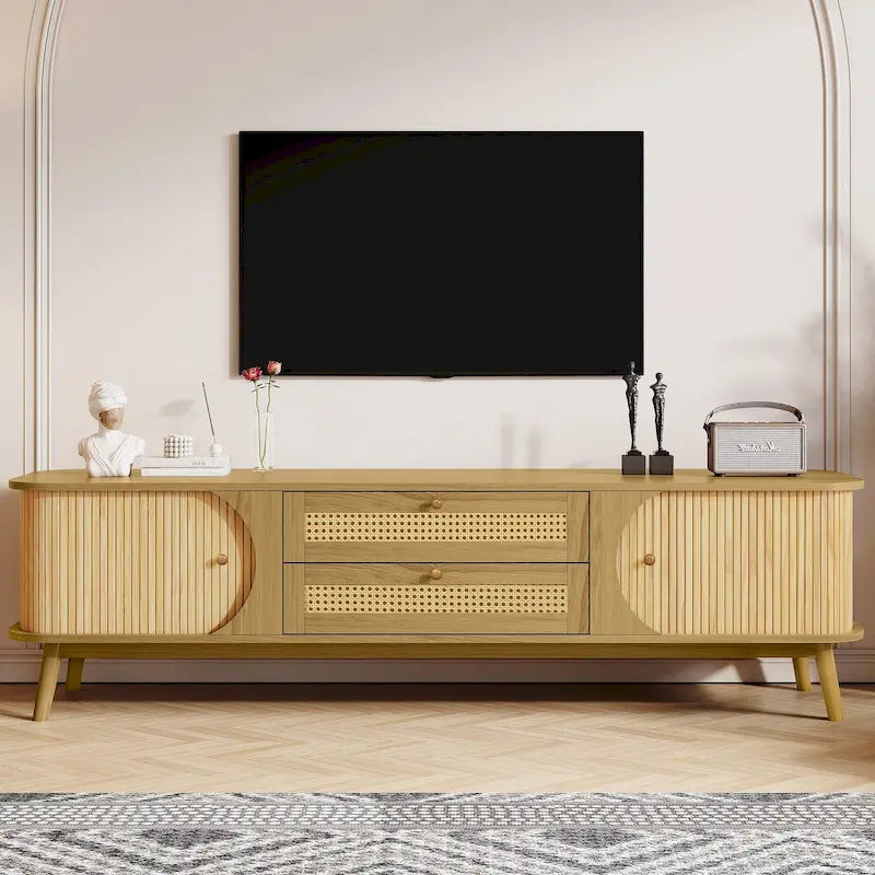 Rattan TV Stand with Sliding Doors, Drawers and Cable Management, Natural Wood