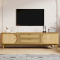 Rattan TV Stand with Sliding Doors, Drawers and Cable Management, Natural Wood