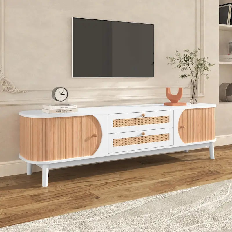 Rattan TV Stand with Sliding Doors, Drawers and Cable Management, Natural Wood