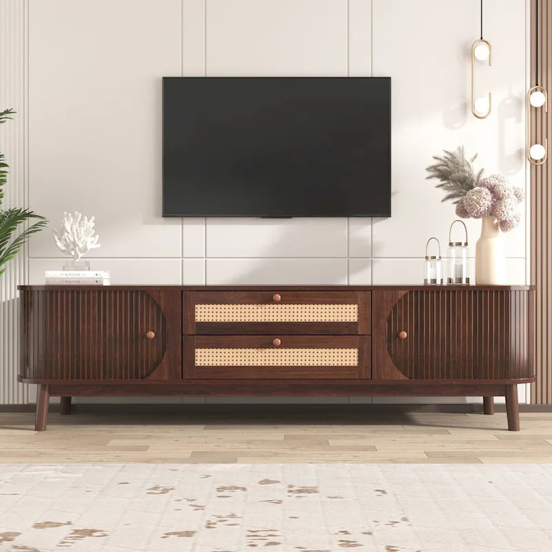 Rattan TV Stand with Sliding Doors, Drawers and Cable Management, Natural Wood