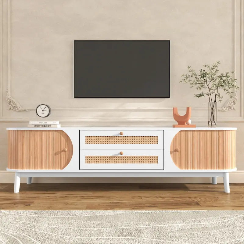Rattan TV Stand with Sliding Doors, Drawers and Cable Management, Natural Wood
