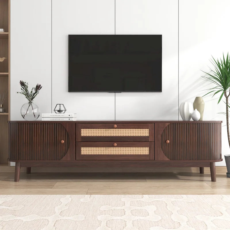 Rattan TV Stand with Sliding Doors, Drawers and Cable Management, Natural Wood
