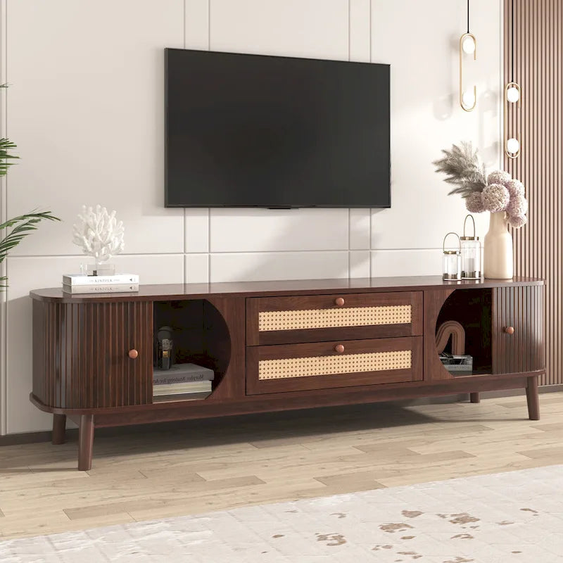 Rattan TV Stand with Sliding Doors, Drawers and Cable Management, Natural Wood