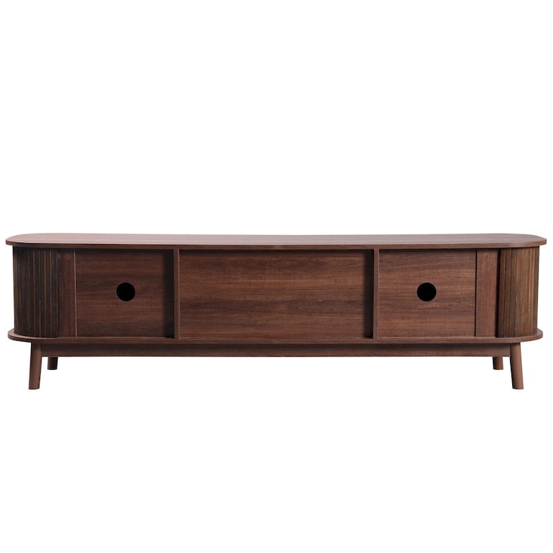 Rattan TV Stand with Sliding Doors, Drawers and Cable Management, Natural Wood