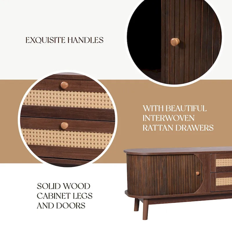 Rattan TV Stand with Sliding Doors, Drawers and Cable Management, Natural Wood