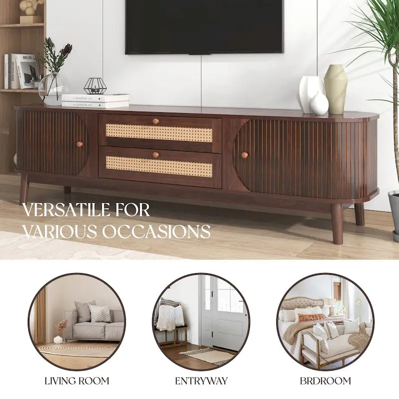 Rattan TV Stand with Sliding Doors, Drawers and Cable Management, Natural Wood