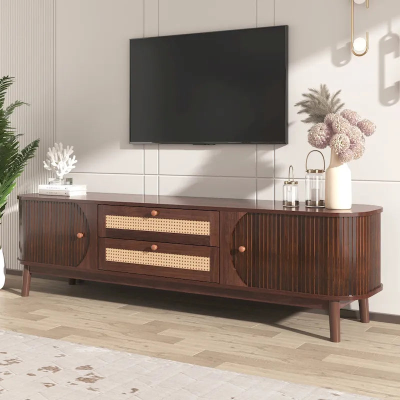 Rattan TV Stand with Sliding Doors, Drawers and Cable Management, Natural Wood