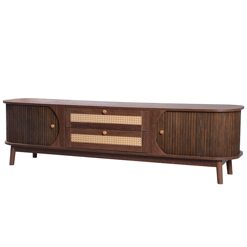Rattan TV Stand with Sliding Doors, Drawers and Cable Management, Natural Wood