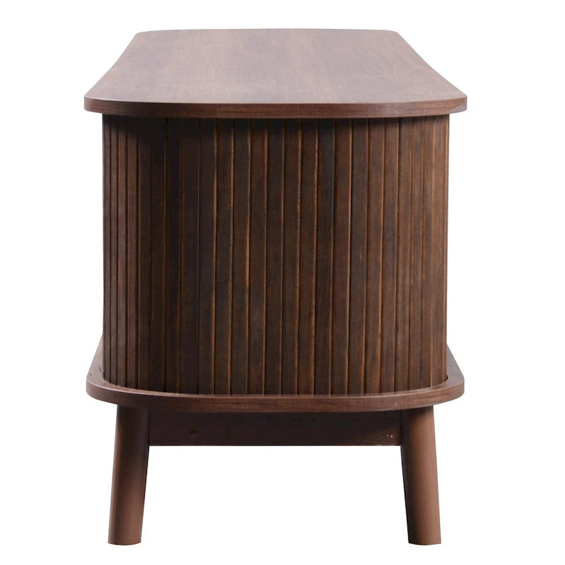 Rattan TV Stand with Sliding Doors, Drawers and Cable Management, Natural Wood