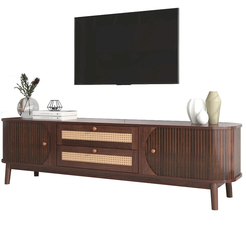 Rattan TV Stand with Sliding Doors, Drawers and Cable Management, Natural Wood
