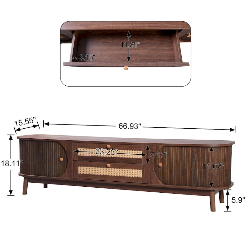 Rattan TV Stand with Sliding Doors, Drawers and Cable Management, Natural Wood