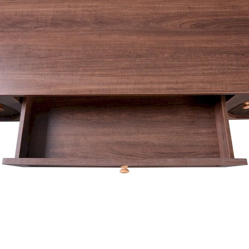 Rattan TV Stand with Sliding Doors, Drawers and Cable Management, Natural Wood