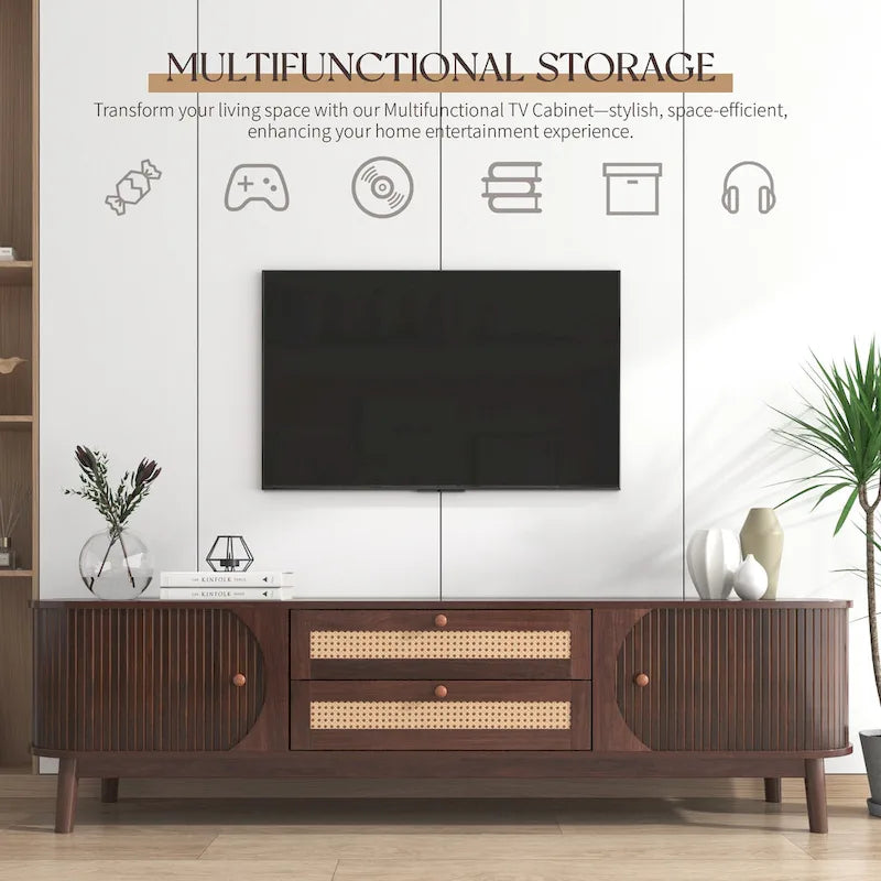 Rattan TV Stand with Sliding Doors, Drawers and Cable Management, Natural Wood