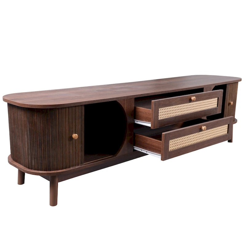 Rattan TV Stand with Sliding Doors, Drawers and Cable Management, Natural Wood