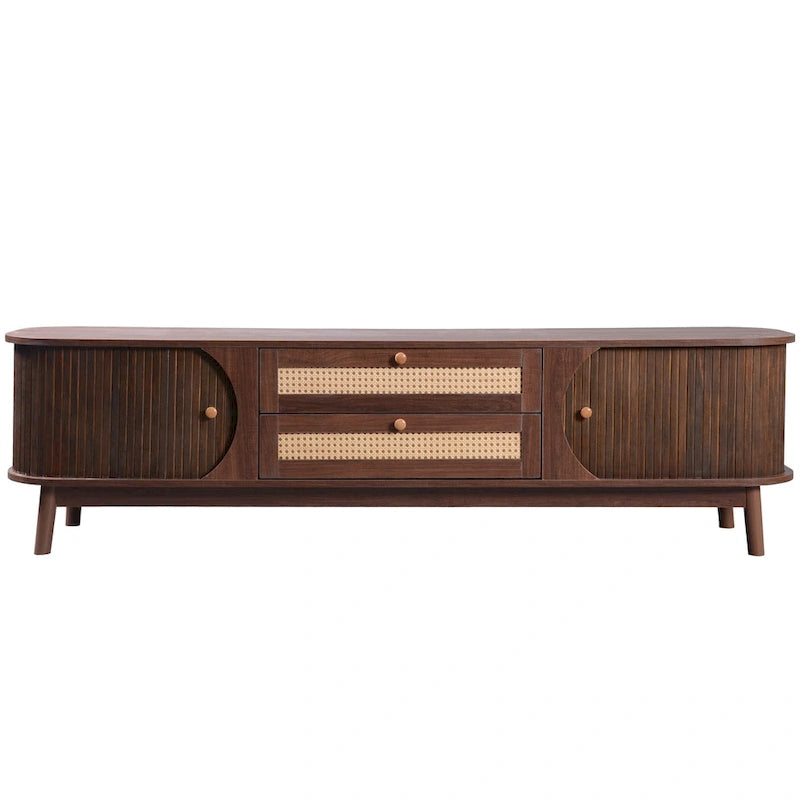 Rattan TV Stand with Sliding Doors, Drawers and Cable Management, Natural Wood