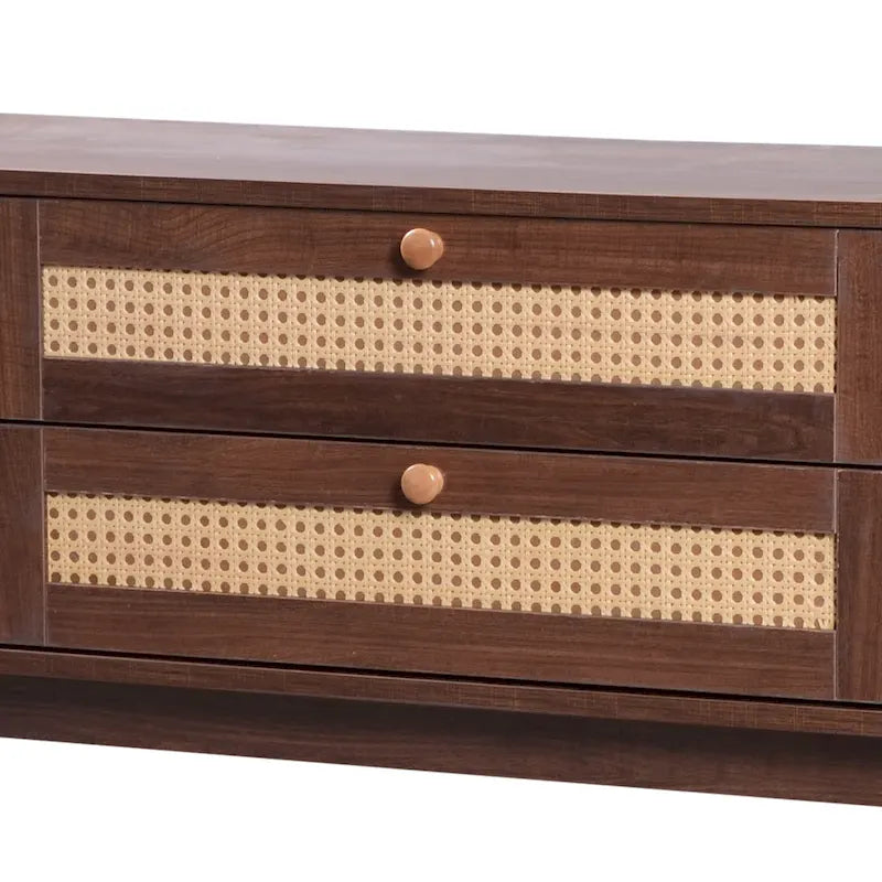 Rattan TV Stand with Sliding Doors, Drawers and Cable Management, Natural Wood