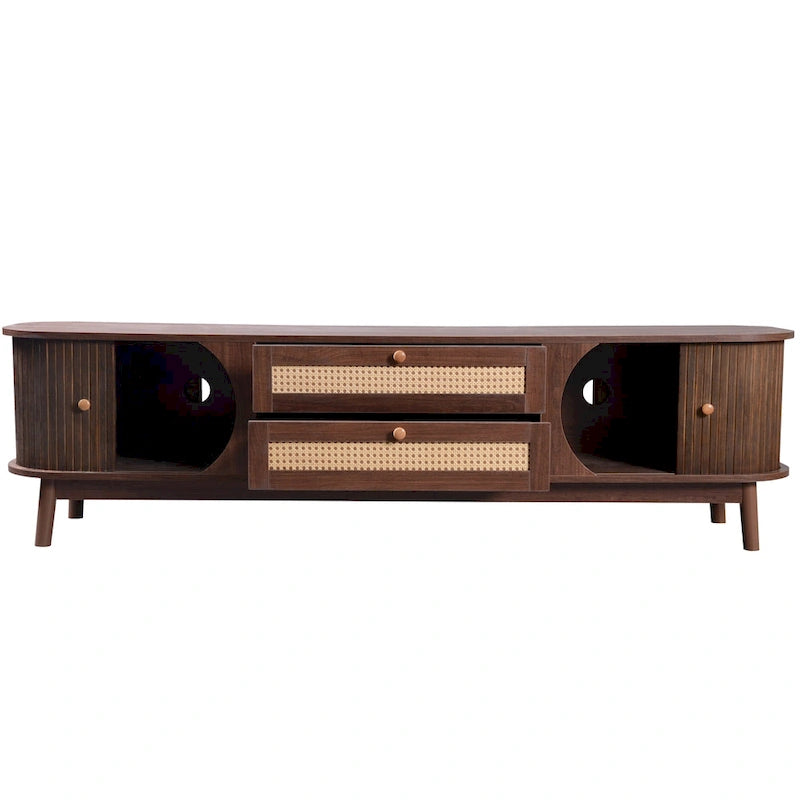 Rattan TV Stand with Sliding Doors, Drawers and Cable Management, Natural Wood