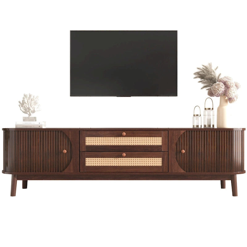 Rattan TV Stand with Sliding Doors, Drawers and Cable Management, Natural Wood