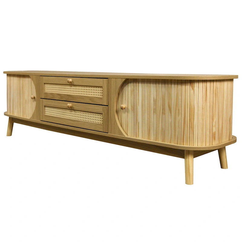 Rattan TV Stand with Sliding Doors, Drawers and Cable Management, Natural Wood