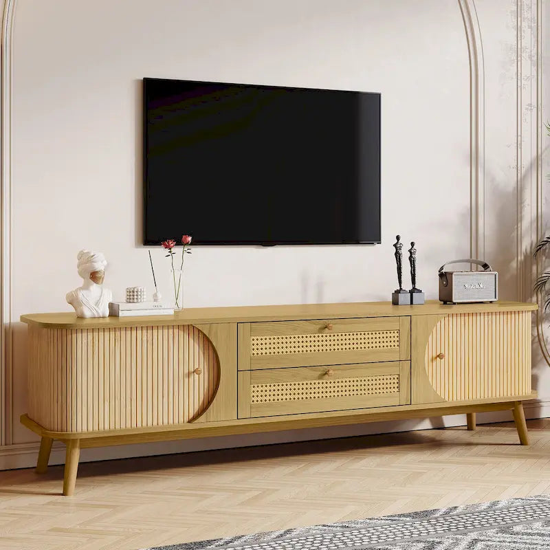 Rattan TV Stand with Sliding Doors, Drawers and Cable Management, Natural Wood