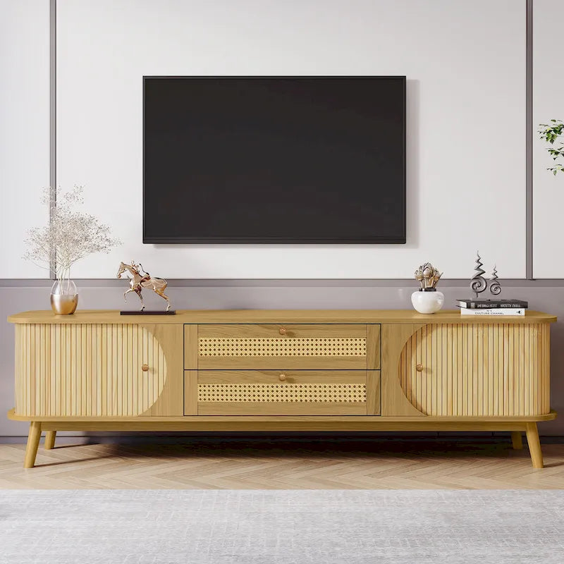 Rattan TV Stand with Sliding Doors, Drawers and Cable Management, Natural Wood