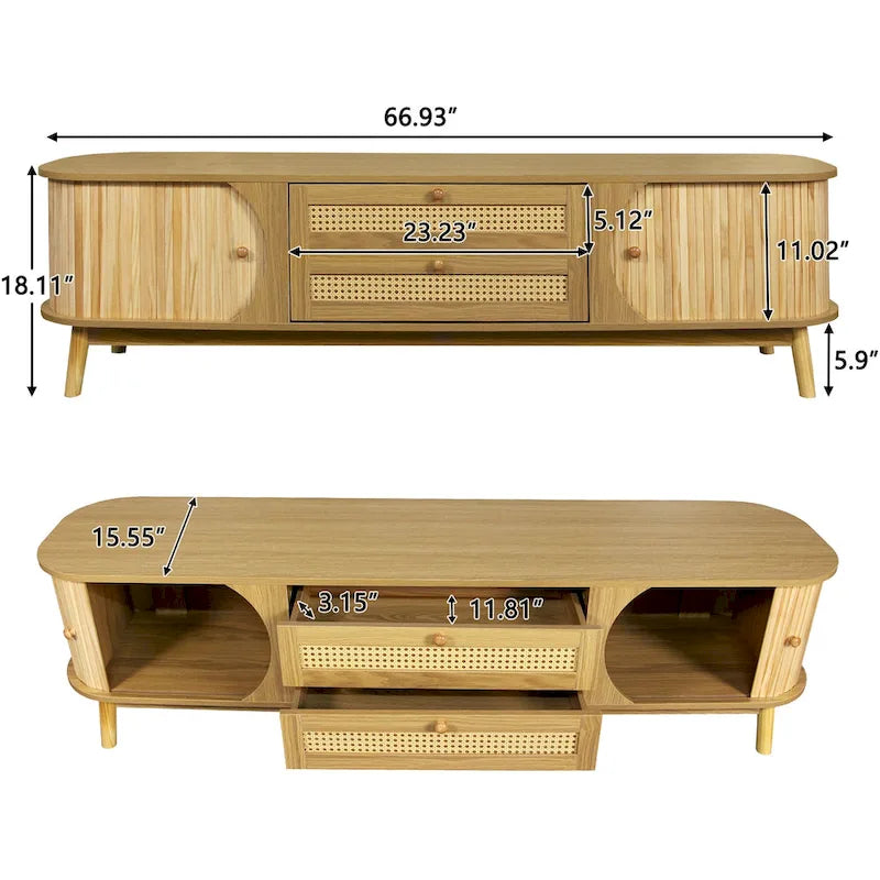Rattan TV Stand with Sliding Doors, Drawers and Cable Management, Natural Wood