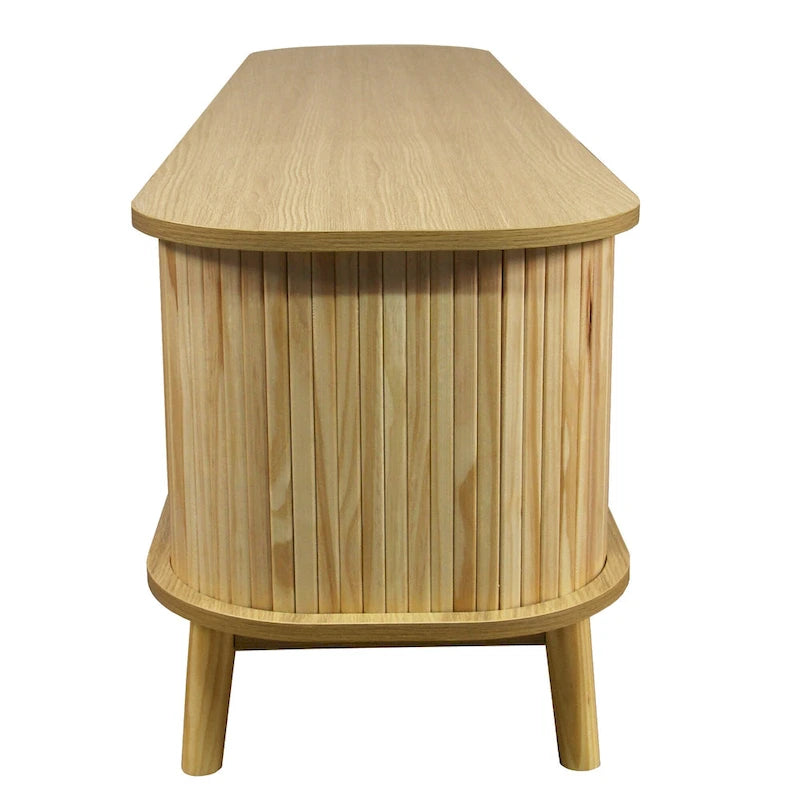 Rattan TV Stand with Sliding Doors, Drawers and Cable Management, Natural Wood