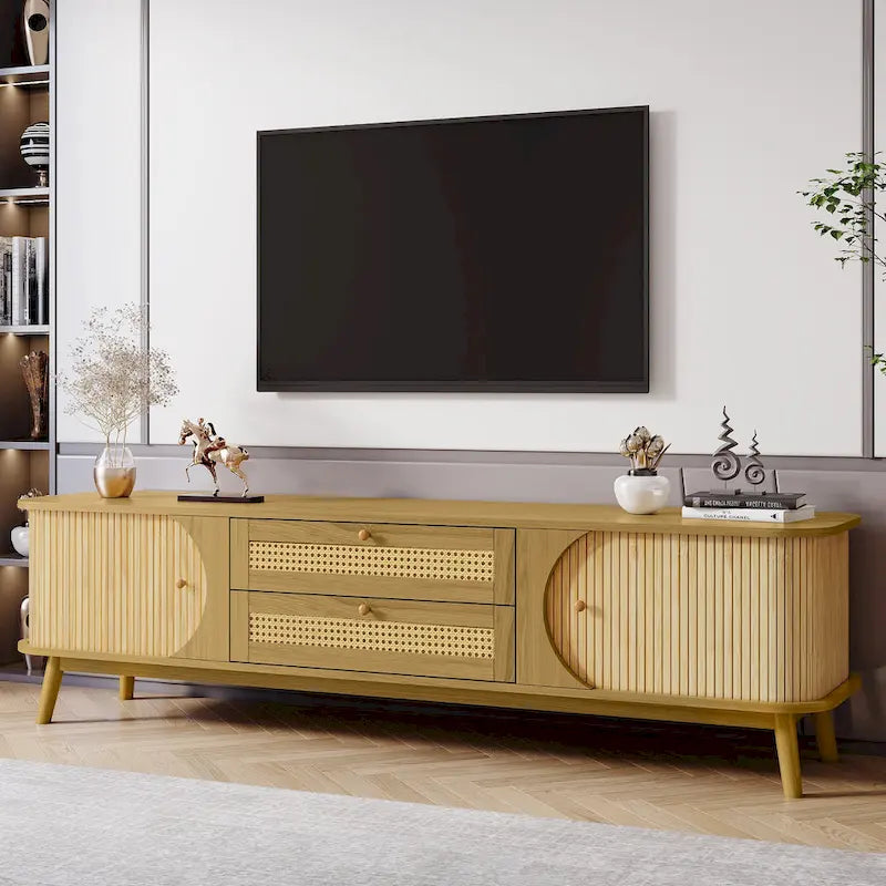 Rattan TV Stand with Sliding Doors, Drawers and Cable Management, Natural Wood
