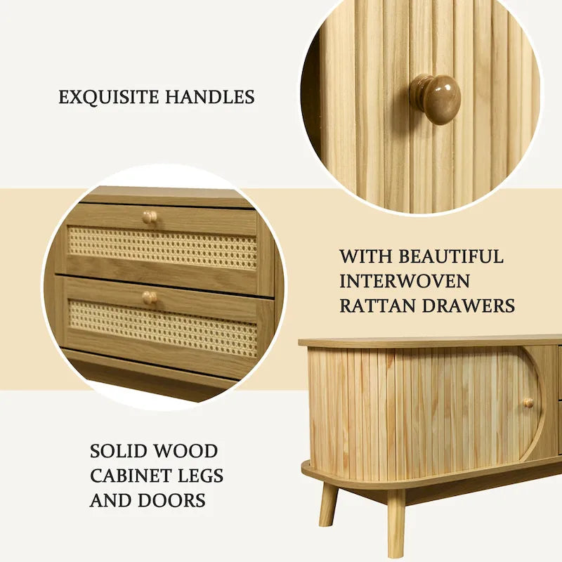 Rattan TV Stand with Sliding Doors, Drawers and Cable Management, Natural Wood