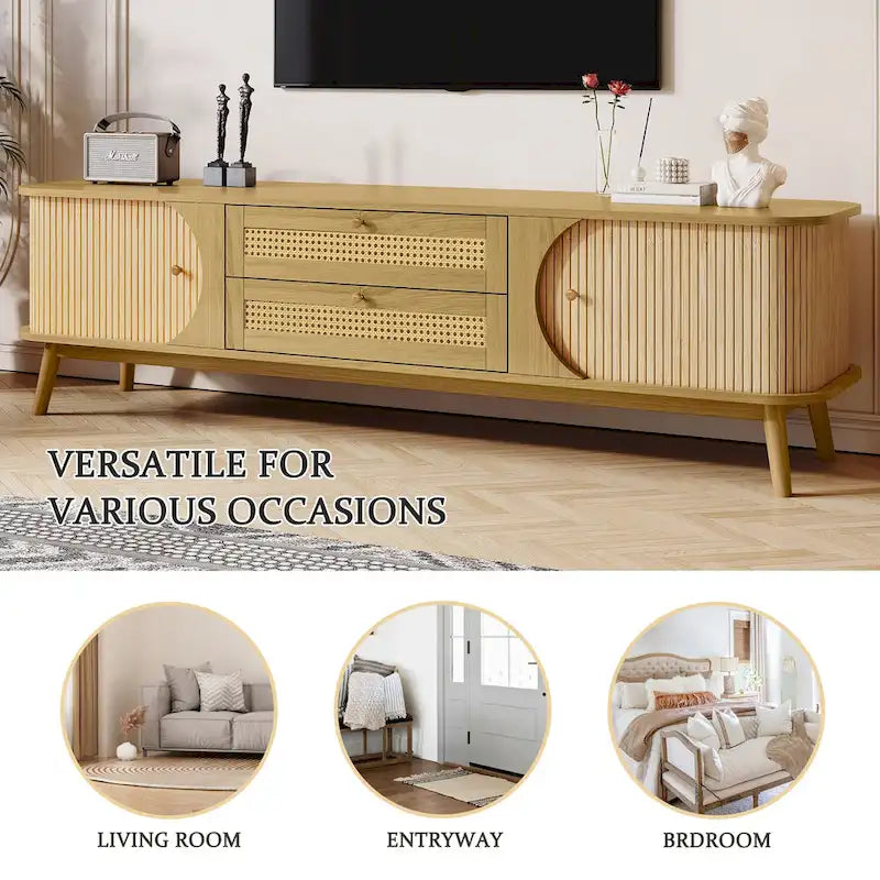 Rattan TV Stand with Sliding Doors, Drawers and Cable Management, Natural Wood