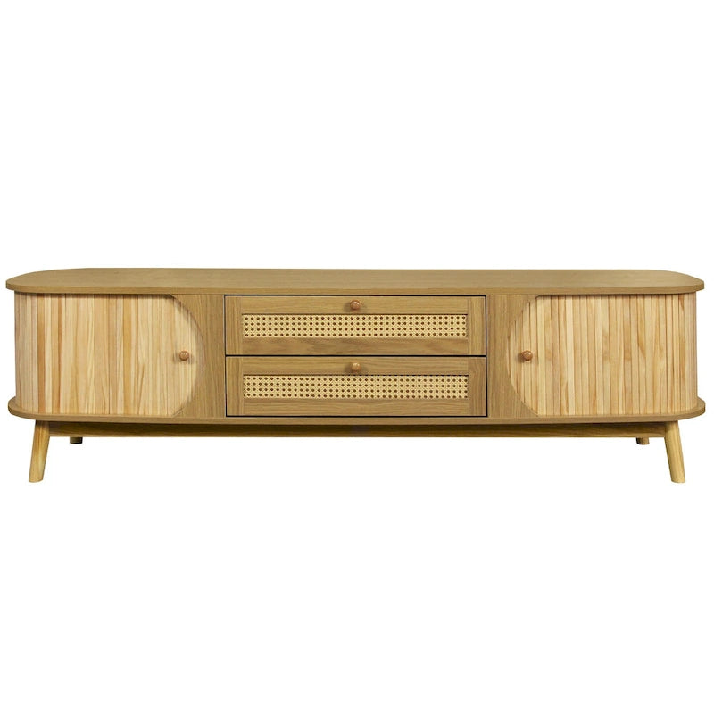 Rattan TV Stand with Sliding Doors, Drawers and Cable Management, Natural Wood
