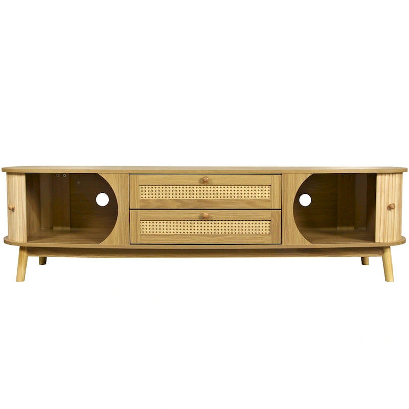 Rattan TV Stand with Sliding Doors, Drawers and Cable Management, Natural Wood