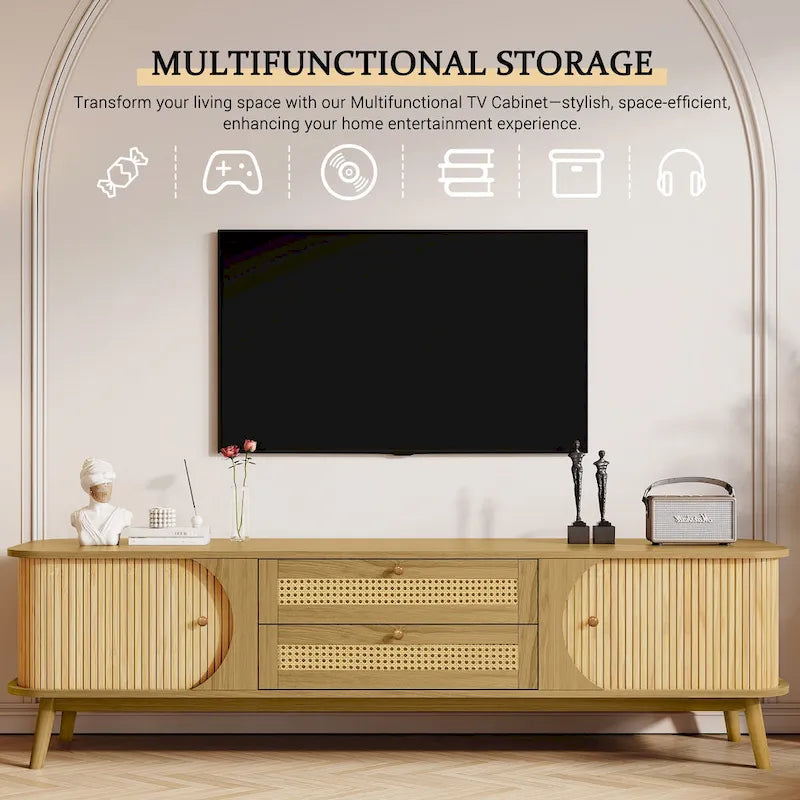 Rattan TV Stand with Sliding Doors, Drawers and Cable Management, Natural Wood