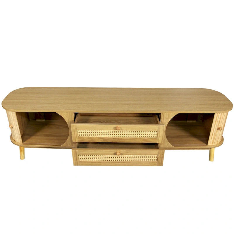 Rattan TV Stand with Sliding Doors, Drawers and Cable Management, Natural Wood