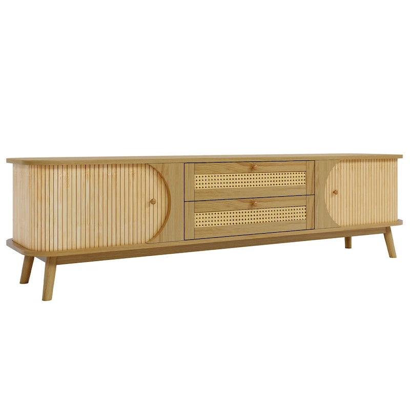 Rattan TV Stand with Sliding Doors, Drawers and Cable Management, Natural Wood