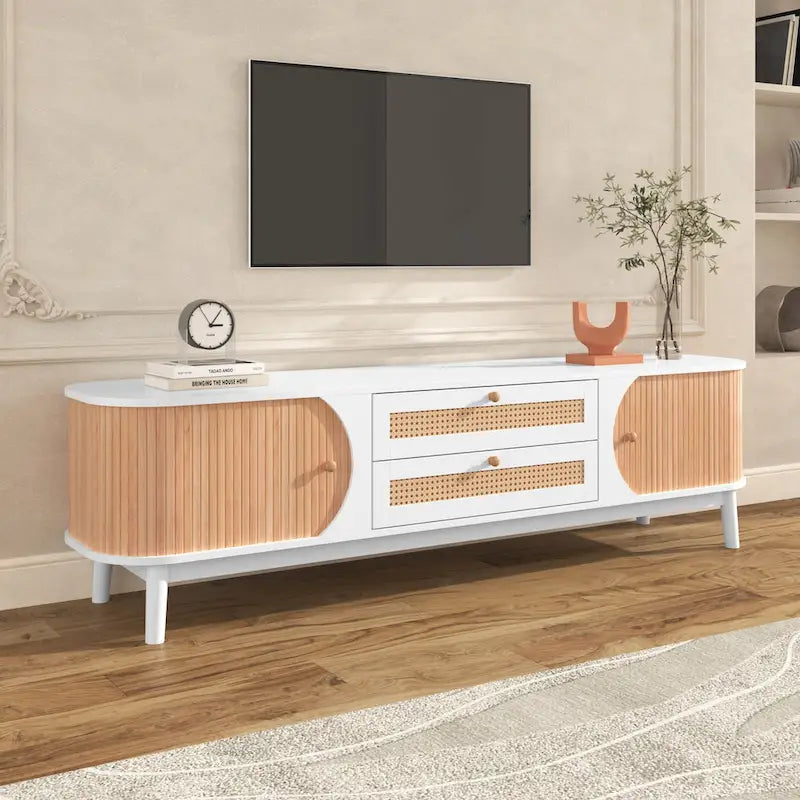 Rattan TV Stand with Sliding Doors, Drawers and Cable Management, Natural Wood