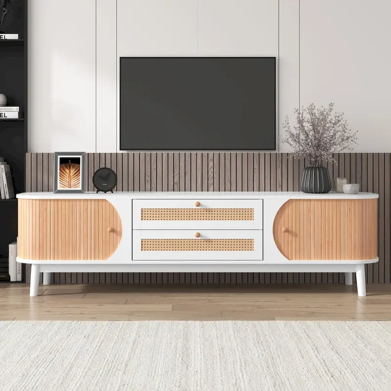 Rattan TV Stand with Sliding Doors, Drawers and Cable Management, Natural Wood