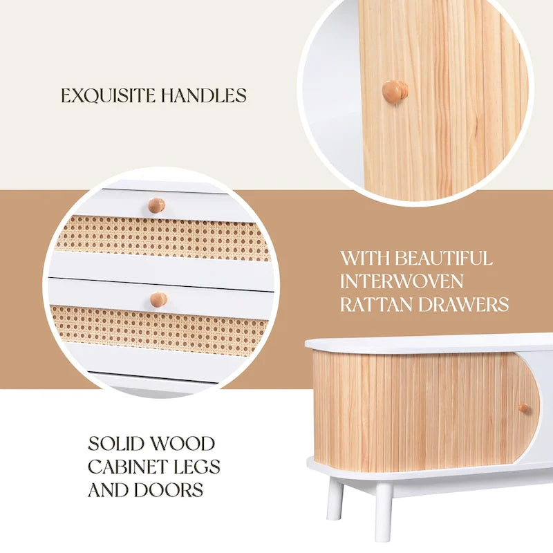 Rattan TV Stand with Sliding Doors, Drawers and Cable Management, Natural Wood