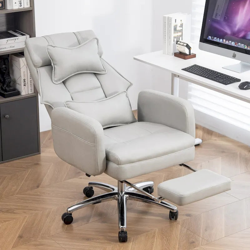 Light Grey Faux Leather Swivel Office Chair with Retractable Footrest and Lumbar Support