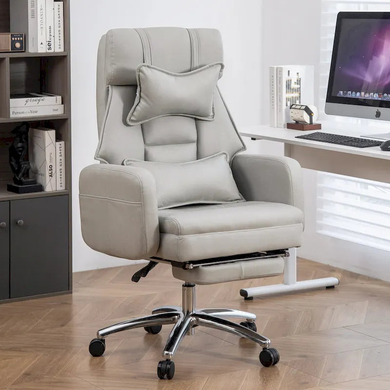 Light Grey Faux Leather Swivel Office Chair with Retractable Footrest and Lumbar Support