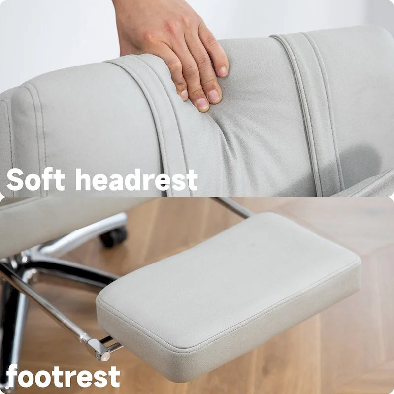 Light Grey Faux Leather Swivel Office Chair with Retractable Footrest and Lumbar Support