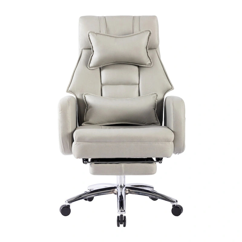 Light Grey Faux Leather Swivel Office Chair with Retractable Footrest and Lumbar Support