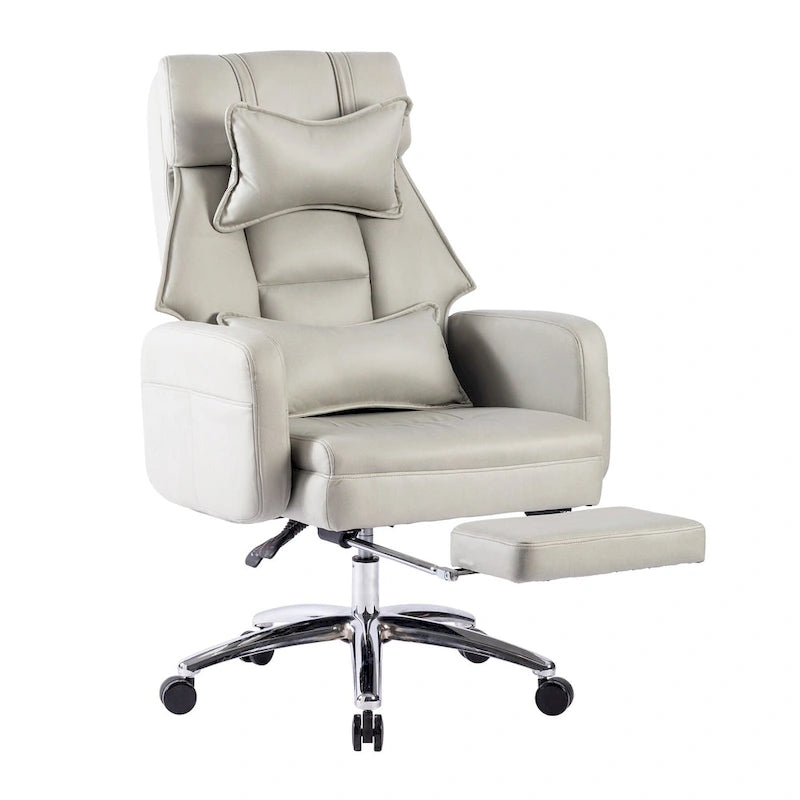 Light Grey Faux Leather Swivel Office Chair with Retractable Footrest and Lumbar Support