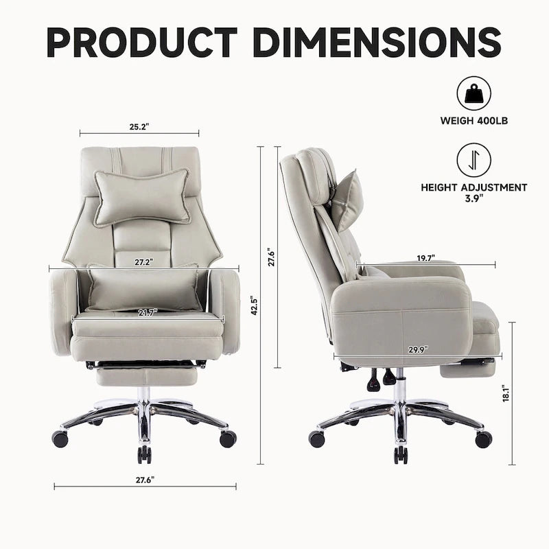 Light Grey Faux Leather Swivel Office Chair with Retractable Footrest and Lumbar Support