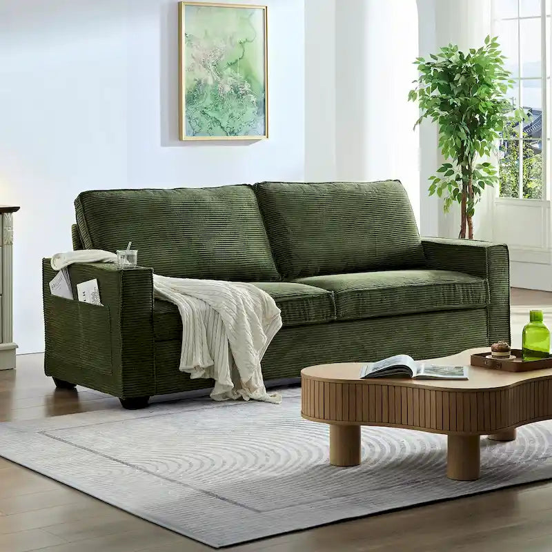 Corduroy Upholstered Loveseat Sofa with Solid Wood Frame and Pillow