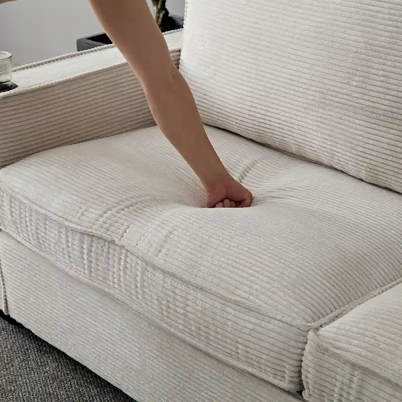 Divanetto a due posti rivestito in velluto a coste con struttura in legno massello e cuscino