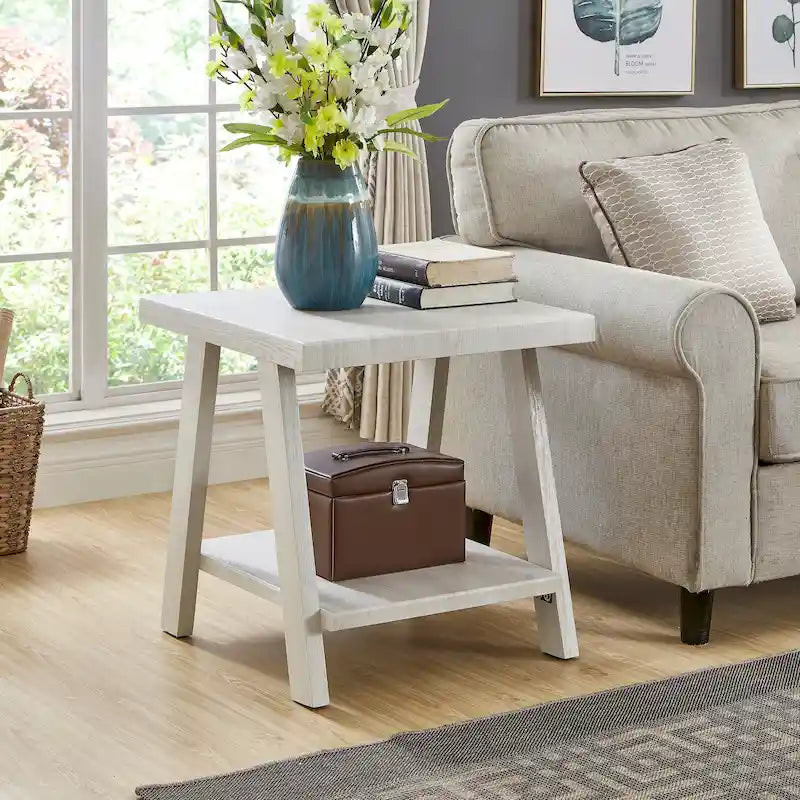 Wood Shelf End Table with Hardwood Veneer Top and Lower Storage Shelf in White