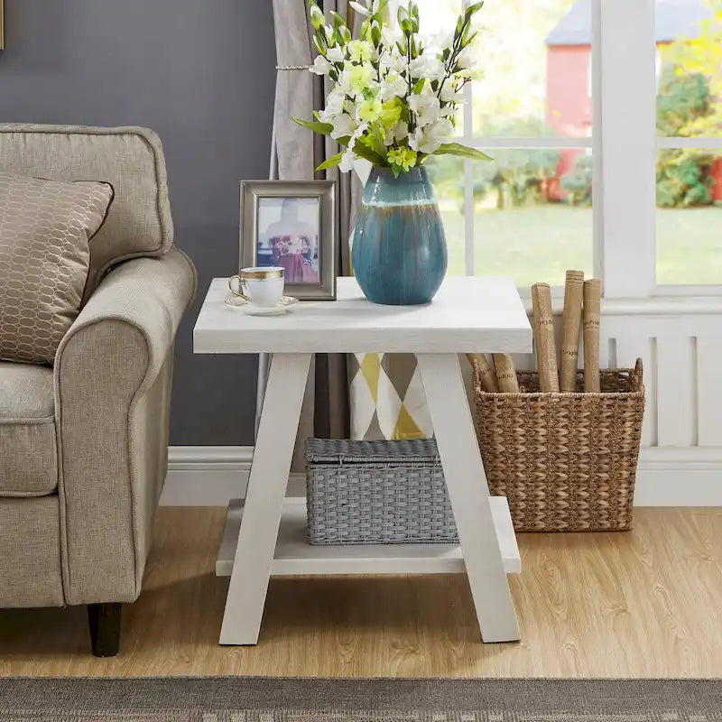 Wood Shelf End Table with Hardwood Veneer Top and Lower Storage Shelf in White