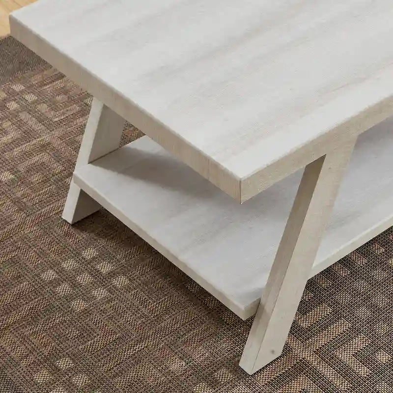 Wood Shelf End Table with Hardwood Veneer Top and Lower Storage Shelf in White