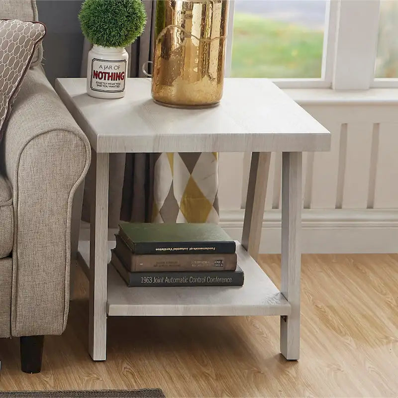 Wood Shelf End Table with Hardwood Veneer Top and Lower Storage Shelf in White